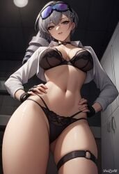 ai_generated big_breasts breasts cleavage cowboy_shot female hi_res honkai:_star_rail lingerie long_hair pointy_chin silver_wolf_(honkai:_star_rail) smile thigh_strap thighs vinzyai