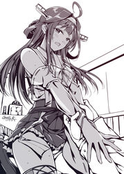 1boy 1girls admiral_(kantai_collection) clothed female human kantai_collection kobayashi_chisato kongou_(kantai_collection) male monochrome sex straight text thighhighs watermark