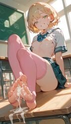 ai_generated blonde_hair classroom cum cum_on_feet feet feet_fetish feet_focus female female_only green_eyes hard_nipple nipples pink_stockings playful school_uniform schoolgirl short_hair small_breasts smaller_female sole_female stockings