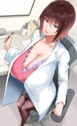 before_and_after big_breasts blush breasts_bigger_than_head breasts_out brown_hair cleavage cum_on_body cum_on_breasts cum_on_face facial green_eyes lab_coat large_breasts long_hair looking_at_viewer mature mature_female mikado_ryouko milf nurse nypaon office_chair open_clothes school_nurse's_office slideshow to_love-ru to_love-ru_darkness