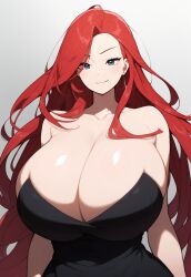 ai_generated black_dress blue_eyes dress gigantic_breasts mischievous_smile red_hair ruze_(oc) thick