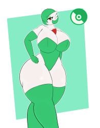 anthro atomarts background big_breasts breasts female female_only full_body gardevoir green_hair latex looking_at_viewer pokemon pokemon_(species) red_eyes solo solo_female tagme thick_thighs white_body white_skin