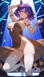 ai_generated brown_dress dancing dancing_pole female female_only hard_nipples medium_breasts nipples purple_hair pussy short_hair silver_eyes sole_female stockings toeless_stockings