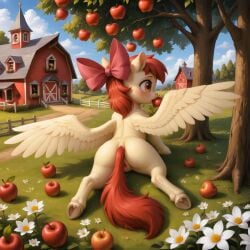 1girls ai_generated alicorn apple apple_bloom_(mlp) ass cub cutie_mark_crusaders equid equine farm female female_focus friendship_is_magic fur furry furry_female hasbro meadow my_little_pony my_little_pony_friendship_is_magic nature orange_eyes pussy red_hair ribbon tree wings yellow_body yellow_fur young