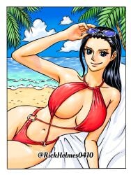 1girls accurate_art_style beach big_breasts black_hair blue_eyes breasts female female_only huge_breasts large_breasts nico_robin one_piece rickholmes solo solo_female swimwear thick_thighs thighs