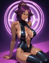 ai_generated bleach cleavage dark-skinned_female fr34ky huge_breasts leotard navel perky_breasts sagging_breasts shihouin_yoruichi skindentation tanlines thigh_highs