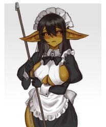 1girls allanel black_clothes black_clothing blush cleaning female female_goblin female_only goblin goblin_ears goblin_female green_skin looking_at_viewer maid maid_outfit maid_uniform monster monster_girl smaller_female white_clothes white_clothing yellow_eyes