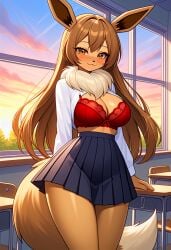 :3 ai_generated big_breasts blue_skirt breasts brown_body brown_fur brown_hair cleavage creatures_(company) eevee eeveelution female female_focus female_only kemonogirls large_breasts nintendo pleated_skirt pokemon pokemon_(species) red_bra school_uniform solo