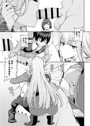 1boy 2girls bangs bar_censor blush canon_couple censored chicke_iii closed_eyes comic couple cuckquean darling_in_the_franxx doujinshi female greyscale hair_ornament hairband hiro_(darling_in_the_franxx) horns ichigo_(darling_in_the_franxx) long_hair long_sleeves military military_uniform monochrome multiple_girls necktie oni_horns oral penis sex short_hair small_penis speech_bubble straight sweat translation_request uniform zero_two_(darling_in_the_franxx)