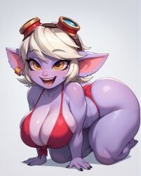 1girls :d ai_generated all_fours ass big_ass big_breasts bikini breasts cleavage eyebrows_visible_through_hair female female_only league_of_legends open_mouth red_bikini red_swimwear riot_games rocksolidart shortstack solo solo_female swimwear thick_thighs tristana wide_hips yordle