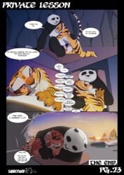 2018 after_sex anthro bear blush closed_eyes comic dialogue duo english_text feline female hug kung_fu_panda male mammal master_po_ping master_tigress page_23 panda penis private_lesson_(sabrotiger) sabrotiger text tiger