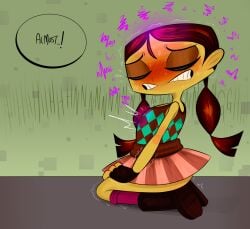 1girls clothed clothing english_text female gloves human kneeling lili_zanotto offscreen_character ota_(artist) pigtails psychonauts shortstack sitting skirt solo speech_bubble tan-skinned_female tan_skin text
