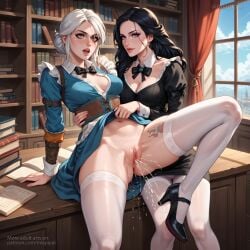 2girls ai_generated anus ass black_hair breasts ciri clothing cumming female green_eyes high_heels light-skinned_female looking_at_viewer miapipai open_mouth purple_eyes pussy scar spread_legs stockings tattoo the_witcher_(series) the_witcher_3:_wild_hunt white_hair yennefer