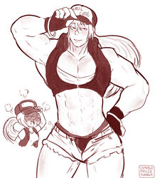 1boy 1girls abs ambush_(trap) androgynous baseball_cap canon_genderswap cap cephalophilia crossdressing crossdressing_male fatal_fury femboy fingerless_gloves girly gloves hat hourglass_figure jacket king_of_fighters long_hair looking_at_viewer muscles muscular_male nosebleed open_jacket pecs rule_63 shorts snk_heroines:_tag_team_frenzy terry_(snk_heroines:_tag_team_frenzy) terry_bogard trap