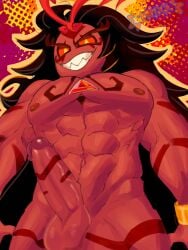 1boy bara big_arms black_hair body_markings burning_spice_cookie cock cookie cookie_run cookie_run_kingdom degradation evil_grin evil_smile gay girthy_penis headpiece huge_cock large_arms large_pectorals long_hair male male_only mean muscles muscular muscular_male penis red_eyes red_skin smile smirk solo solo_focus solo_male tagme tattoo teeth yaoi