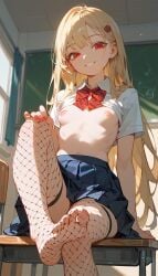 ai_generated blonde_hair classroom feet feet_fetish feet_focus female female_only fishnet_stockings hard_nipple long_hair nipples playful red_eyes school_uniform schoolgirl small_breasts smaller_female sole_female stockings