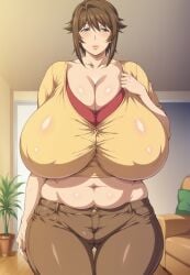 1girls ai_generated big_breasts big_thighs blush breasts busty clothed clothed_female clothing curvy female giant_breasts gigantic_breasts haha_musume_donburi_oppai_tokumori_bonyuu_shiru_dakude huge_breasts huge_thighs large_breasts large_thighs massive_breasts mature_female milf milkersenjoyer navel sakie_(haha_musume_donburi) thick_thighs thighs voluptuous