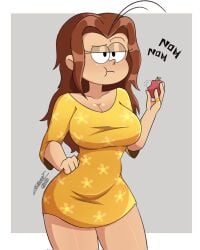 adult aged_up autart big_breasts brown_hair cartoon eating eating_fruit fanart just_woke_up luan_loud marriage_ring married_woman nickelodeon pijama ring ring_(jewelry) sexy sexy_pose the_loud_house waking_up yellow_clothes yellow_clothing