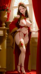 1girls ai_generated breasts breasts breasts brown_eyes brown_hair curtains female hi_res high_heels highres indoors long_hair milf naked nipples nude original_character pixai red_lingerie red_lipstick red_robe roses smile solo tiara vagina