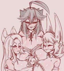 3girls angelface black_hair cleavage eyes_closed facial_markings female fox_ears fox_girl godzilla godzilla_(series) kaiju_girls_(webcomic) large_breasts monochrome monster_girl patreon_logo plushie