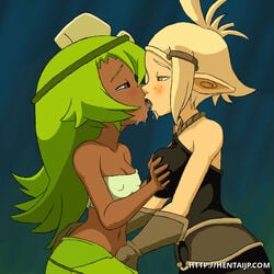 2girls amalia blonde_hair cra dark-skinned_female dark_skin evangelyne female female_only green_hair interracial interspecies kissing long_hair multiple_females multiple_girls mutual_yuri sadida short_hair strapless tagme tubetop wakfu yuri
