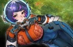 1girls absurdres big_breasts blizzard_entertainment blue_bodysuit blue_gloves blush bodysuit breasts brown_eyes cropped_jacket female gloves heart_hands helmet highres jacket juno_(overwatch) long_sleeves looking_at_viewer medium_hair moumring multicolored_hair orange_jacket overwatch overwatch_2 pink_hair purple_hair solo space_helmet streaked_hair thick_hips wide_hips