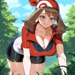 ai_generated all_fours bandana black_shorts blue_eyes brown_hair cleavage creamy_ai curvy large_breasts may_(pokemon) pokemon red_shirt shorts thick_thighs wide_hips