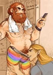 beard bite breasts deheerkonjin dwarf elf elf_ears femboy feminine_male gay gay_sex gimli hairy hairy_chest hairy_male legolas lgbt_pride long_hair lord_of_the_rings male male_only muscle muscles muscular muscular_male nipple_piercing nipples penis_under_clothes pride_color_clothing pride_colors tattoo tattoos twink underwear yellow_hair