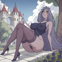 aegis999_(artist) ai_generated big_breasts breasts choker disney disney_villains high_heels huge_breasts leotard lipstick madam_mim the_sword_in_the_stone thighhighs