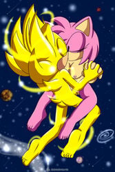 amy_rose anthro areolae artist_name ass black_nose breasts closed_eyes couple duo feet floating hedgehog hedgehoglove holding_hands kissing legs mammal medium_breasts nipples penetration penis pink_fur pink_hair planet pussy romantic_couple sega sex sonic_(series) sonic_the_hedgehog space stars straight super_sonic tail thighs vaginal_penetration watermark yellow_fur yellow_hair