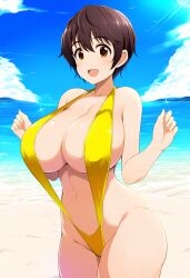 ai_generated big_breasts bikini brown_eyes brown_hair cleavage collarbone huge_breasts idolmaster idolmaster_cinderella_girls keinovelnovelai oikawa_shizuku revealing_clothes short_hair