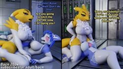 2024 3d absurd_res anthro armwear bacn bandai_namco big_breasts black_sclera blue_body blue_hair blush breast_play breasts canid canine clothed clothed_sex clothing clothing_aside comic crossover detailed_background dialogue digimon digimon_(species) digital_media_(artwork) dominant dominant_gynomorph dominant_intersex duo elbow_gloves english_text erection female female_penetrated fingerless_gloves forced fox fur genitals gloves gynomorph gynomorph/female gynomorph_penetrating handwear hi_res intersex intersex/female intersex_penetrating krystal krystal_(star_fox) legwear leotard leotard_aside lying mammal nintendo nipple_outline nipples on_back open_mouth paizuri partially_clothed penetration penile penile_penetration penis rape renamon renamon_(bacn) science_fiction sex smile star_fox tail text thigh_highs titjob tuft white_body white_fur yellow_body