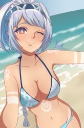 1girls beach dark-skinned_female female genshin_impact hoyoverse light_blue_hair mihoyo mualani_(genshin_impact) only_female red_eyes selfie_pose swimsuit valtx