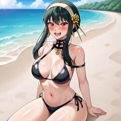 ai_generated beach bikini black_bikini blush breasts female headband open_mouth pointy_chin red_eyes sand sitting_on_sand spy_x_family water white_skin yor_briar