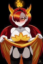 1girls big_breasts black_panties blush breasts dalley_le_alpha demon_girl demon_horns disney disney_channel dress embarrassed fangs female female_only fire garter_belt garter_straps hekapoo highres lingerie red_hair skirt_lift solo star_vs_the_forces_of_evil thick_thighs thighhighs thighs twintails underwear white_skin