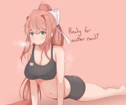 2d arm_support ass bangs black_bra blush boyshort_panties bra breasts brown_hair cat_print cleavage doki_doki_literature_club female female_only green_eyes hair_intakes hair_ribbon human human_only implied_after_sex impossible_clothes impossible_shorts large_breasts light-skinned_female light_skin lying mole mole_on_breast monika_(doki_doki_literature_club) navel on_stomach pink_background ponytail sidelocks simple_background skin_tight smile solo sports_bra sports_shorts steam steaming_body steaming_breath sweat tagme text theartistaurora top-up_bottom-down very_long_hair white_ribbon