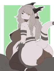 absurd_res anthro antlers ashley_(vinthebat) ass belly big_belly big_breasts big_butt breasts closed_eyes deer ear_tuft female fluffy fluffy_tail front_view fur grey_body grey_fur hair hair_over_eye half-length_portrait hi_res horn huge_breasts hybrid long_hair maloonie mammal mountain_deer_dragon navel nipples nude overweight overweight_anthro overweight_female portrait pregnant pregnant_anthro pregnant_female simple_background smile solo striped_body striped_fur stripes tail thick_thighs tuft white_body white_fur wide_hips