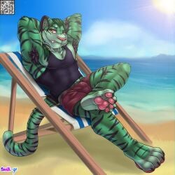 1:1 4_toes absurd_res anthro armpit_tuft bashbl-ux beach beach_chair black_claws black_stripes blurred_background bottomwear bulge cheek_tuft chest_tuft chromatic_aberration claws clothed clothing day detailed_bulge digitigrade facial_tuft feet felid foot_on_knee fur green_body green_fur green_hair hair hands_behind_head hi_res looking_at_viewer male mammal muscular muscular_anthro muscular_male outside pantherine pawpads paws pink_nose pink_pawpads pubes qr_code reclining relaxing sea shaded shirt shorts signature sitting sky soft_shading solo stripes sun tail tank_top teeth tiger toe_claws toes toothy_grin topwear tsumi_(tsuminotora) tuft water yellow_eyes