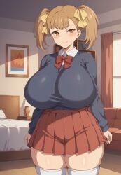 1girls ai_generated big_breasts big_thighs blush breasts busty clothed clothed_female clothing curvy female female_only giant_breasts gigantic_breasts haha_musume_donburi_oppai_tokumori_bonyuu_shiru_dakude huge_breasts huge_thighs large_breasts large_thighs massive_breasts milkersenjoyer rumi_(haha_musume_donburi) thick_thighs thighs twintails voluptuous