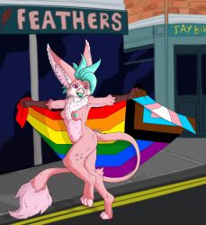 anthro avian beak belly big_ears breasts feathers female flag fluffy fluffy_chest fluffy_ears fluffy_tail fur gryphon hair hi_res hybrid koeru lgbt_pride lgbt_pride_month long_tail mohawk mythological_avian mythological_creature mythology navel nipples nude open_beak open_mouth paws pink_belly pink_body pink_feathers pink_fur prancing pride_color_flag purple_eyes simple_background small_breasts solo tail teal_hair teal_nipples teal_tongue tongue tongue_out