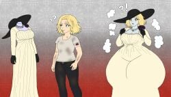 1girls 2026 ?! ?? after_transformation alcina_dimitrescu_(cosplay) alternate_version_available arm_bandages ass_expansion bandages bandages_on_arms before_and_after before_transformation biohazard black_gloves black_hat black_pants blonde_hair blue_eyes butt_expansion capcom cleavage clothed clothed_female clothing dirty_clothes dirty_clothing dirty_pants dirty_shirt dress eye_color_change female female_only gigantic_hips gloves grace_ashcroft grace_ashcroft_(dimitrescu_costume) grey-skinned_female grey_skin grey_skinned_female hat hip_expansion implied_transformation light-skinned_female light_skin light_skinned_female lipstick makeup mannequin medium_breasts medium_hair necklace official_alternate_costume pants pearl_necklace post-transformation post_transformation question_mark red_lips red_lipstick resident_evil resident_evil_9:_requiem shirt skin_color_change solo solo_female thick_thighs transformation white_shirt wide_hips wide_thighs yellow_eyes