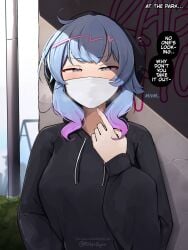 against_wall alterkyon blue_eyes blue_hair dildo_gag dildo_mask dildo_under_mask english_text female gag_under_mask hatsune_miku highres hood hoodie long_hair mask mouth_mask outdoors rabbit_hole_(deco*27/caststation) rabbit_hole_(vocaloid) surgical_mask text vocaloid