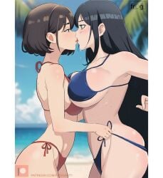 2girls asymmetrical_docking big_breasts bikini breast_press breasts_pressed_together busty female/female female_only french_kiss frogart1 girlfriends hourglass_figure huge_breasts kissing large_breasts large_breasts_lesbian lesbian_couple lesbian_kiss lovers original_character romantic romantic_couple voluptuous yuri