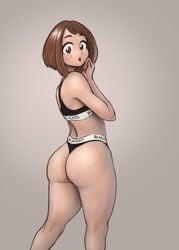 1girls ass back blacked blacked_clothing blackingyourwaifu blush bra female female_only lingerie my_hero_academia ochako_uraraka panties solo