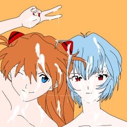 2girls asuka_langley_sohryu blue_eyes blue_hair cum_on_face light-skinned_female naked_female neon_genesis_evangelion neopn_genesis_evangelion orange_hair red_eyes rei_ayanami short_hair upper_body