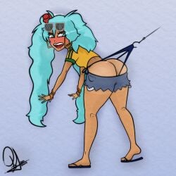 aqua_eyes aqua_hair artist_request ass big_ass blouse brazil brazilian brazilian_female brazilian_miku clothed denim_shorts embarrassed female hatsune_miku latin_american_hatsune_miku_(meme) latina sandals sunglasses_on_head thighs thong very_long_hair vocaloid wedgie