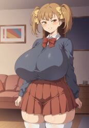 1girls ai_generated big_breasts big_thighs blush breasts busty clothed clothed_female clothing curvy female female_only giant_breasts gigantic_breasts haha_musume_donburi_oppai_tokumori_bonyuu_shiru_dakude huge_breasts huge_thighs large_breasts large_thighs massive_breasts milkersenjoyer rumi_(haha_musume_donburi) thick_thighs thighs twintails voluptuous