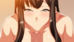 1boy 1girls :>= animated animated_gif blowjob brown_hair censored deep_blowjob fellatio female gif green_eyes looping_animation oral penis pov yarichin_katei_kyoushi_netori_houkoku