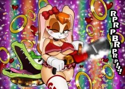 blush breasts chacrawarrior chainsaw cheerleader cosplay crossover juliet_starling lollipop_chainsaw outfit rabbit rabbit_humanoid ring ring_(sonic) sega sonic_(series) vanilla_the_rabbit vector_the_crocodile