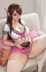 1girls asian asian_female ass breasts brown_hair couch d.va doritos electronics female female_only french_nails huge_breasts human jewelry large_breasts light-skinned_female light_skin long_fingernails meekohopanes miniskirt nail_polish no_bra overwatch overwatch_2 painted_fingernails painted_nails pale_skin panties pantyshot phone school_uniform schoolgirl sitting skirt stockings thighhighs thong upskirt